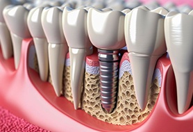 Illustration of dental implant surrounded by natural teeth